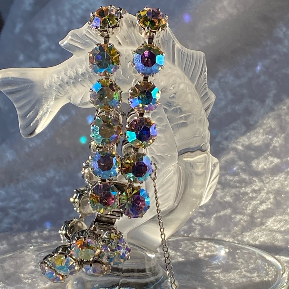 Vintage JO-LE' Signed Aurora Borealis Rhinestone Silver Finish Bracelet 7"